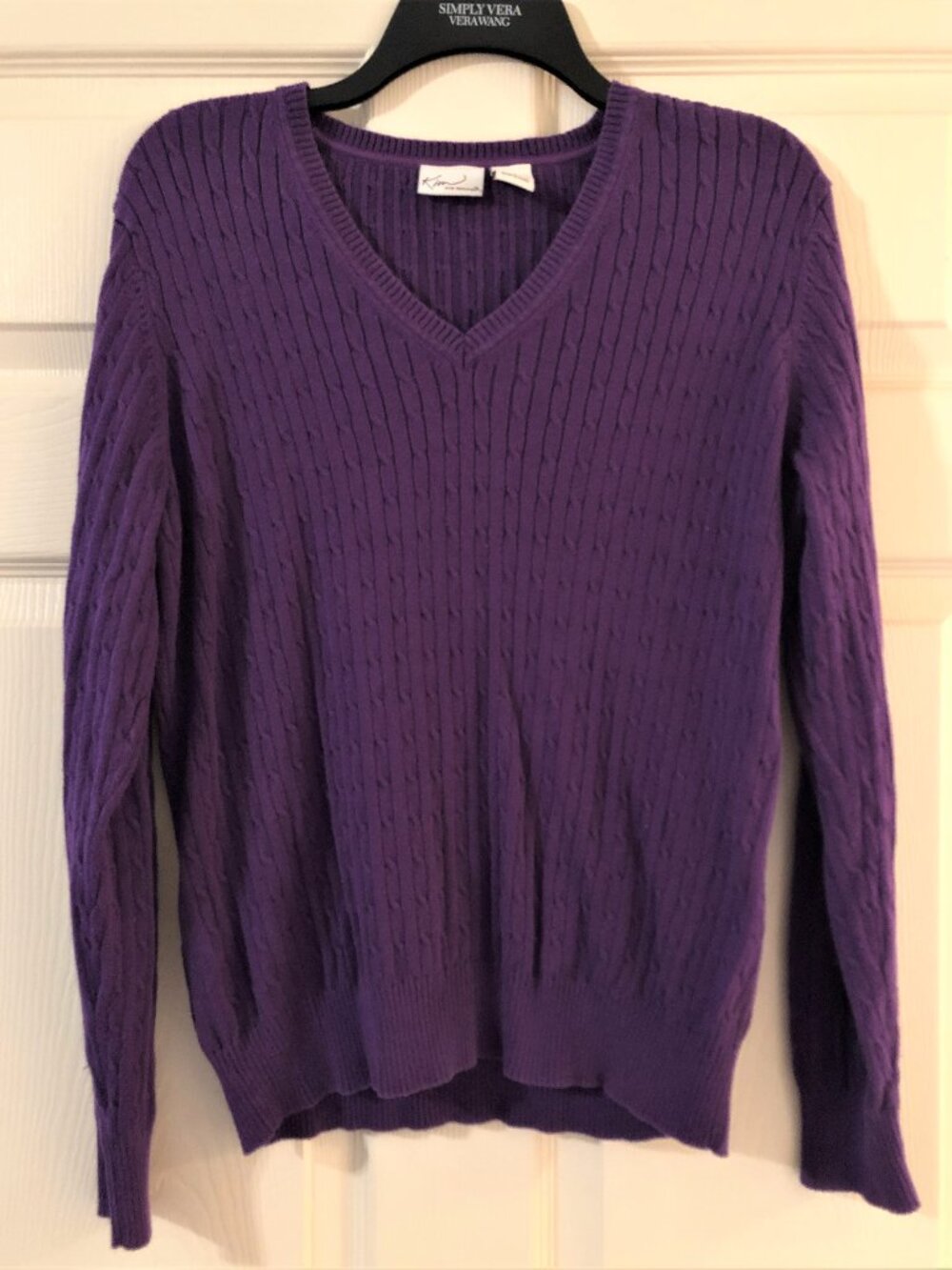 Kim Rogers Purple Cable Knit V-Neck Sweater size Large